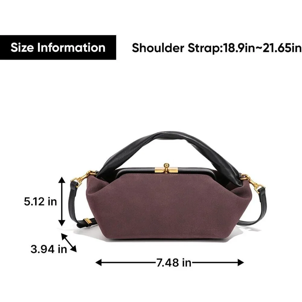 Women's Chocolate Faux Suede Vintage Slouchy Soft Satchel Kiss Lock Hobo Handbag